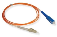 LC-SC simplex 50 micron multimode fiber patch cable with orange jacket and blue SC connector, 1 meter length