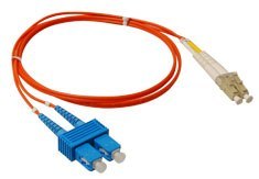 LC-SC duplex 50-micron multimode fiber patch cable with red jacket and blue SC connector, 1 meter length