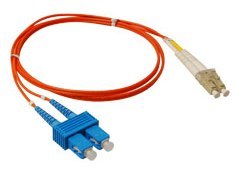 LC-SC duplex 50-micron multimode fiber patch cable with red jacket and blue SC connector, 2 meter length