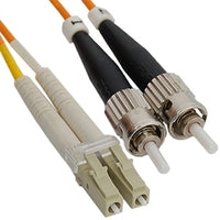 LC to ST duplex multimode fiber patch cable with orange and beige connectors, 10 meter length for network cabling