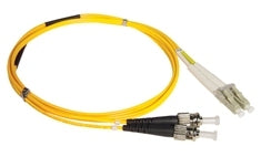 Yellow LC-ST duplex single mode fiber patch cable with LC connector on left and ST connector on right, 7 meter length