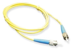Yellow ST-ST simplex single mode fiber optic patch cable with blue connectors, 1 meter length