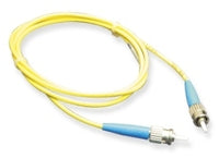 Yellow ICC ST-ST simplex single mode fiber patch cable with blue connectors, 5 meter length