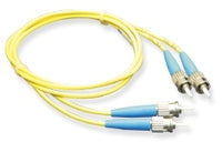Yellow ST-ST duplex single mode fiber patch cable with blue connectors, 10 meter length for network cabling