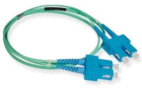 Green SC-SC duplex multimode fiber patch cable with blue connectors, 7 meter length for network cabling