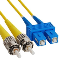 SC to ST duplex singlemode fiber patch cable with yellow connectors and blue SC connectors, 10 meter length