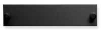 Black fiber optic adapter panel with two mounting holes for rack mount installation and cable management