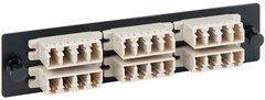 LC-LC fiber optic adapter panel with 24 multimode fiber ports mounted on black rack hardware Main image
