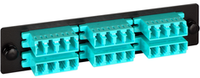 LC-LC fiber optic adapter panel with 24 cyan-colored LC ports for 10G network connections mounted on black rack hardware