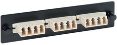 LC-LC fiber optic adapter panel with 12 multimode fiber ports mounted on black rack-mountable frame Main image
