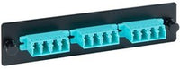 LC-LC fiber optic adapter panel with 12 turquoise LC connectors mounted in black rack bracket