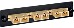 SC metal fiber optic adapter panel with 6 simplex connectors mounted on black rack plate