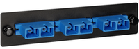 ICC loaded SC ceramic fiber optic adapter panel with 6 simplex ports featuring blue LED indicators on black faceplate