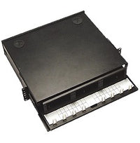 ICC 6 panel fiber optic rack mount enclosure with 3 RU capacity, black steel construction with front panel access door open
