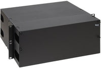 ICC 12 panel fiber optic rack mount enclosure with 4 RMS in black, front view showing compact server rack design