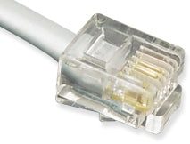 ICC 6P6C telephone cable connector with RJ11 jack attached to gray cable, 25 ft pre-terminated network cabling