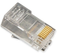 Clear plastic RJ45 modular connectors with gold-plated pins for round stranded networking cable, 100-pack