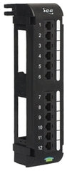 Black ICC 12 port USOC vertical patch panel with mounted bracket and cable management slots