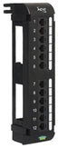 Black ICC 12 port USOC vertical patch panel with mounted bracket and cable management slots