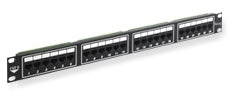 ICC Cat 6 24 port patch panel with 1RMS mounted in horizontal rack orientation showing labeled ports