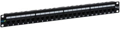 24-port Cat6A 10G patch panel with black metal frame and labeled port slots for structured cabling rack installation Main image
