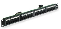 ICC 24 port 6P4C rack mount telco patch panel in black, 1RU size, front-facing view showing organized port layout