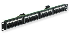 ICC 24 port 6P4C rack mount telco patch panel in black, 1RU size, front-facing view showing organized port layout