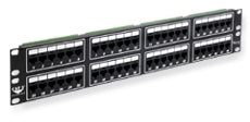 ICC Cat5e 48-port patch panel with 2 RU form factor showing front-mounted port layout for network cabling installations