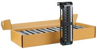 ICC Cat 6 vertical 12 port patch panel 6 pack with black steel frame and yellow cardboard packaging box
