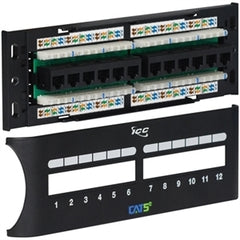 ICC Cat5e 12-port front access patch panel with black housing, RJ45 connectors, and numbered port labels 1-12