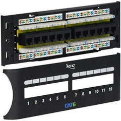 ICC Cat 6 12 port front access patch panel with yellow and blue cable management strips mounted in black rack frame