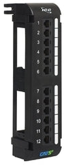 Black 12-port Cat5e vertical patch panel with wall mounting bracket and numbered port labels