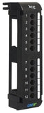 Black 12-port Cat5e vertical patch panel with wall mounting bracket and numbered port labels