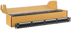 ICC Cat5e 24 port patch panel 6-pack in yellow box with black network cabling panel visible