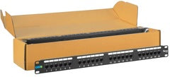 ICC Cat 6 24 port patch panel 6 pack in shipping box with black rackmount panel visible Main image