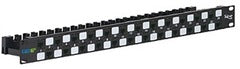 Black Cat6A 24-port patch panel with 10Gig capability, front-facing view showing RJ45 ports in two rows