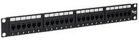 24-port Cat 5 feedthru patch panel with 1RU rack mount form factor, black finish with labeled port slots