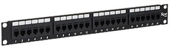 24-port Cat 5 feedthru patch panel with 1RU rack mount form factor, black finish with labeled port slots