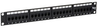 24-port Cat 6 feedthru patch panel 1RU rack mount with black finish and staggered port layout