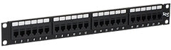 24-port Cat 6 feedthru patch panel 1RU rack mount with black finish and staggered port layout