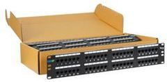 ICC Cat5e 48-port patch panel 6-pack in brown cardboard box with black rackmount panels visible