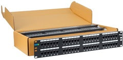 ICC Cat 6 48-port patch panel 6-pack in open cardboard box showing black rackmount panels Main image