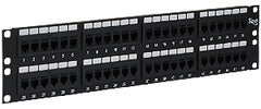ICC 48 port Cat5e feedthrough patch panel with 2RU rack mount housing, black finish with labeled port indicators