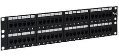 Black 48-port Cat 6 feedthru patch panel mounted in 2U rack space, front view showing all ports