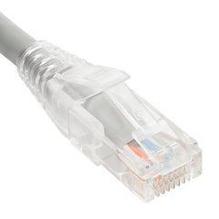 ICC Cat6 clear boot patch cord 3 feet gray, showing RJ45 connectors with transparent cable jacket