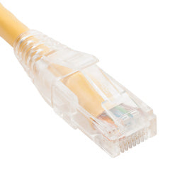 Yellow Cat6 network patch cord with clear boot connector, 3 feet length, showing RJ45 connector detail