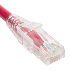 Red Cat6 network patch cord with clear RJ45 connectors and protective boot, 14 feet in length