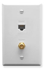 White wall plate with Cat5e data jack, F-type coaxial connector, and status indicator