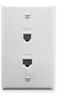 White wall plate with dual RJ-11 voice and Cat5e data ports for structured cabling installations