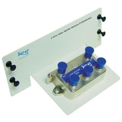 ICC 2 GHz coaxial cable video splitter with blue 1x4 module and mounting hardware on white base